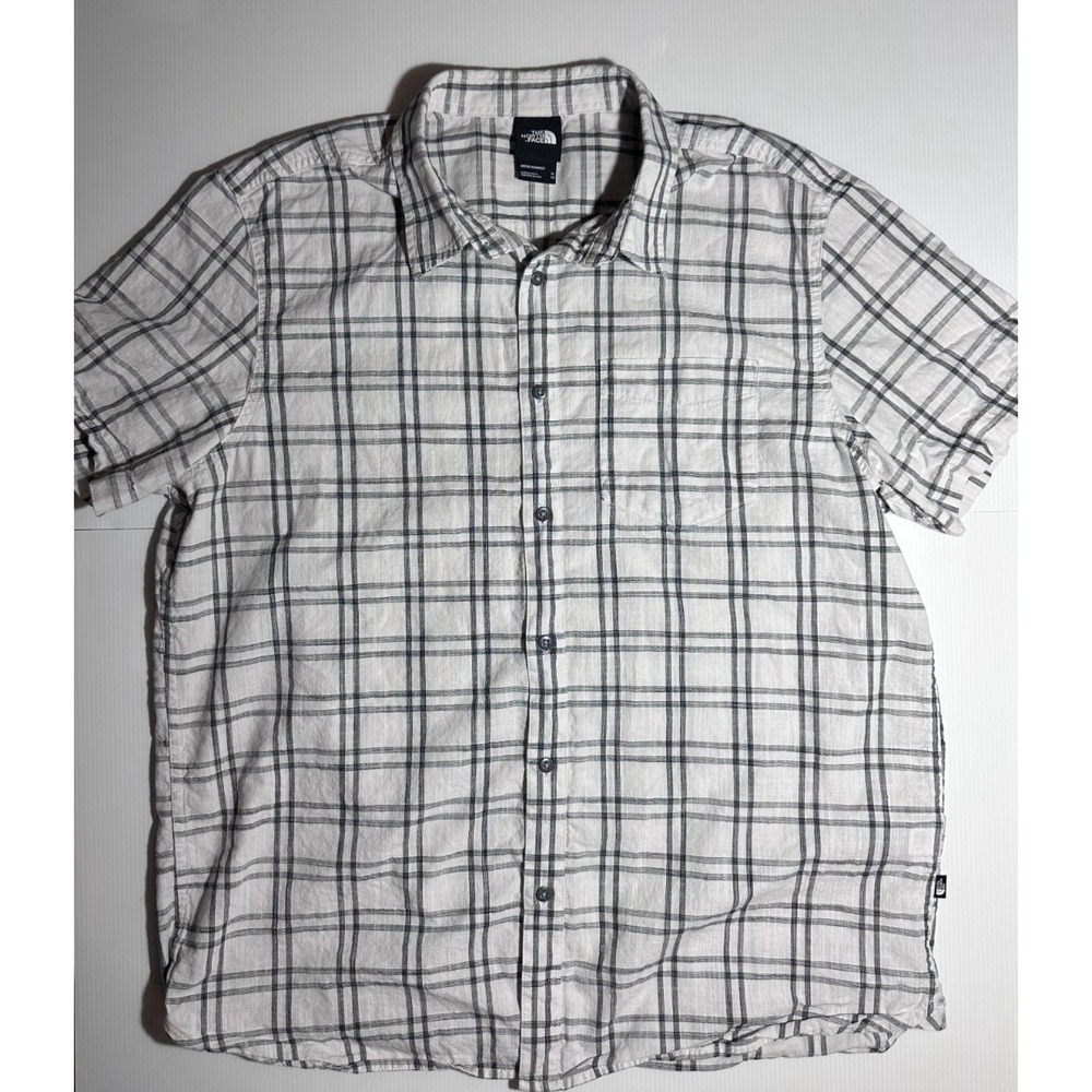 The North Face Mens XL Short Sleeve Button Up Shirt White Plaid 100% Cotton